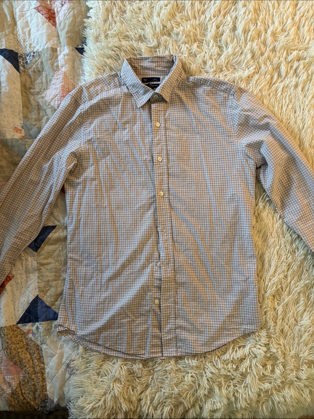 GAP Men's Blue and White Checked Dress Shirt